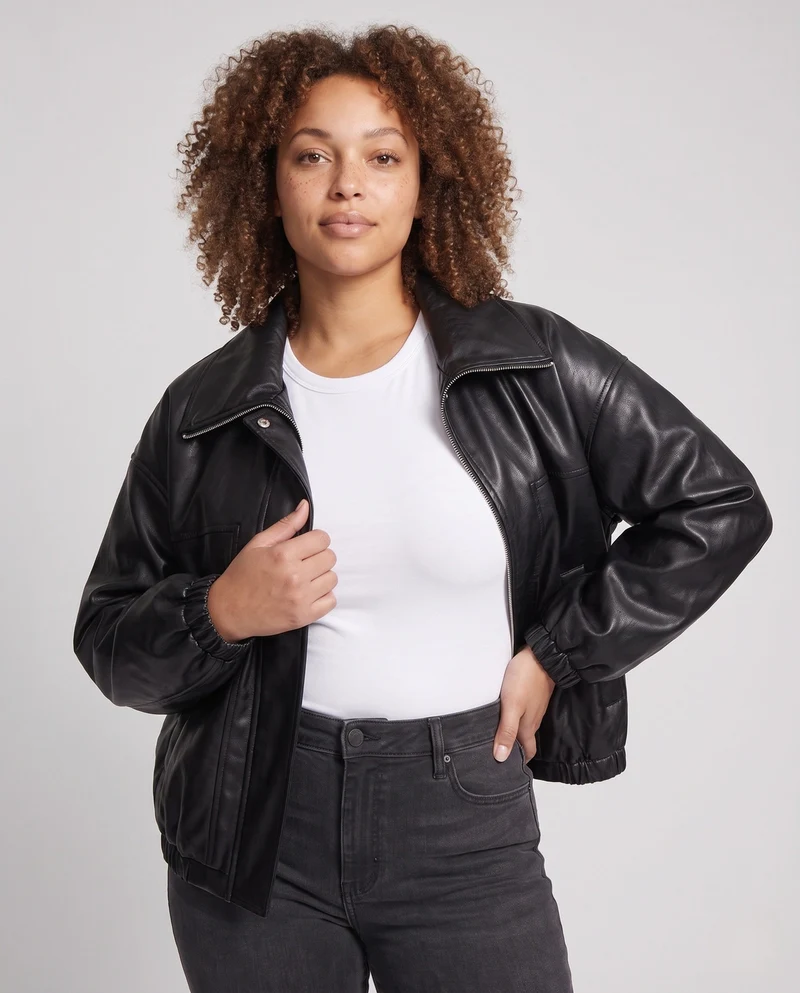 Damen Oversized Kunstlederjacke im Bomberstil mit Tunnelzugsaum Nord Taschen