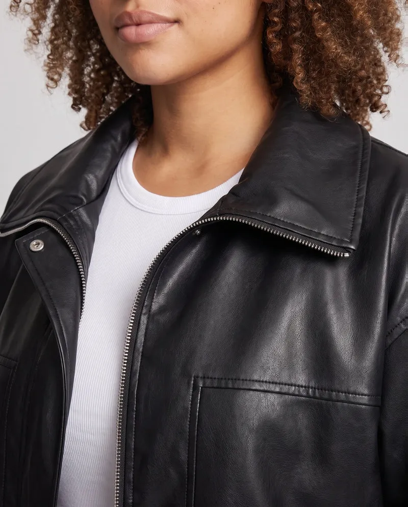 Damen Oversized Kunstlederjacke im Bomberstil mit Tunnelzugsaum Nord Taschen