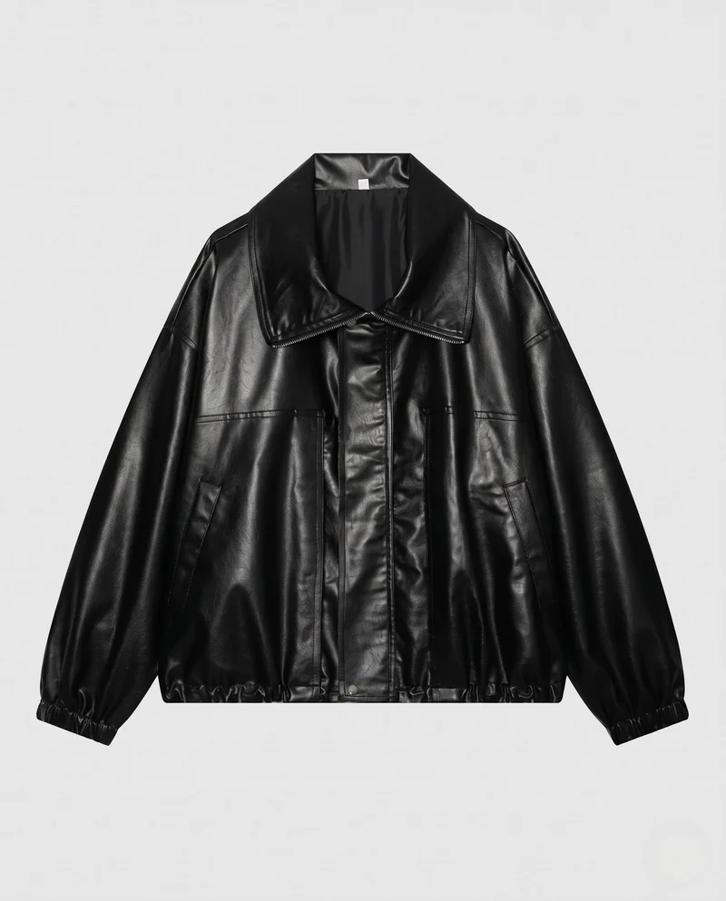 Damen Oversized Kunstlederjacke im Bomberstil mit Tunnelzugsaum Nord Taschen