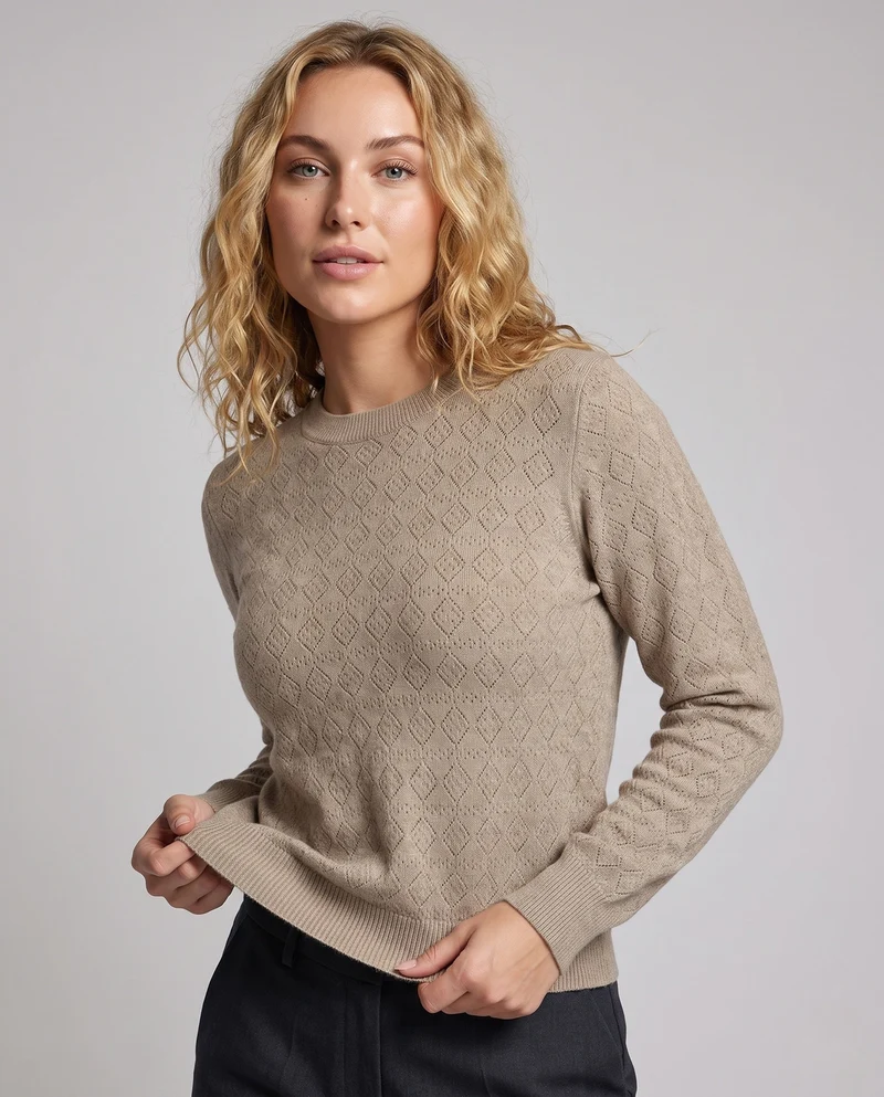 Damen Feinstrickpullover mit diamant-Ajourmuster und Rundhalsausschnitt Nord Taschen