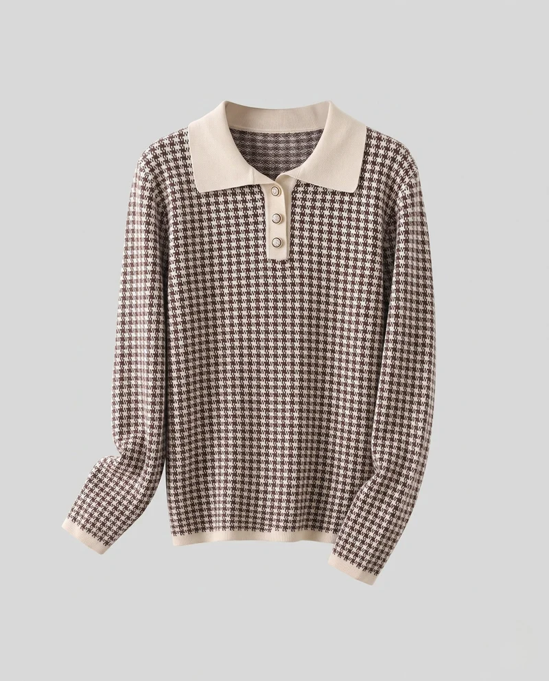 Damen Feinstrickpullover mit Hahnentritt‑Muster, Polokragen und dekorativer Knopfleiste Nord Taschen