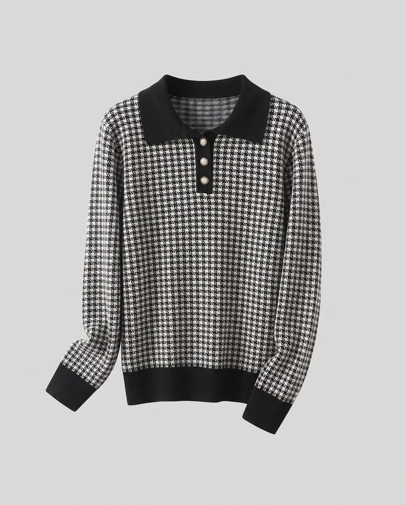 Damen Feinstrickpullover mit Hahnentritt‑Muster, Polokragen und dekorativer Knopfleiste Nord Taschen