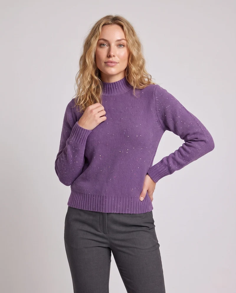 Damen Feinstrickpullover mit Glitzer‑Garn und kurzem Stehkragen, leicht taillierte Silhouette Nord Taschen