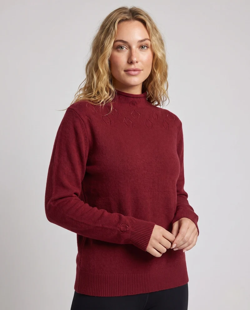 Damen Feinstrickpullover mit kurzem Stehkragen, feinem Ajourmuster und kastiger Passform Nord Taschen