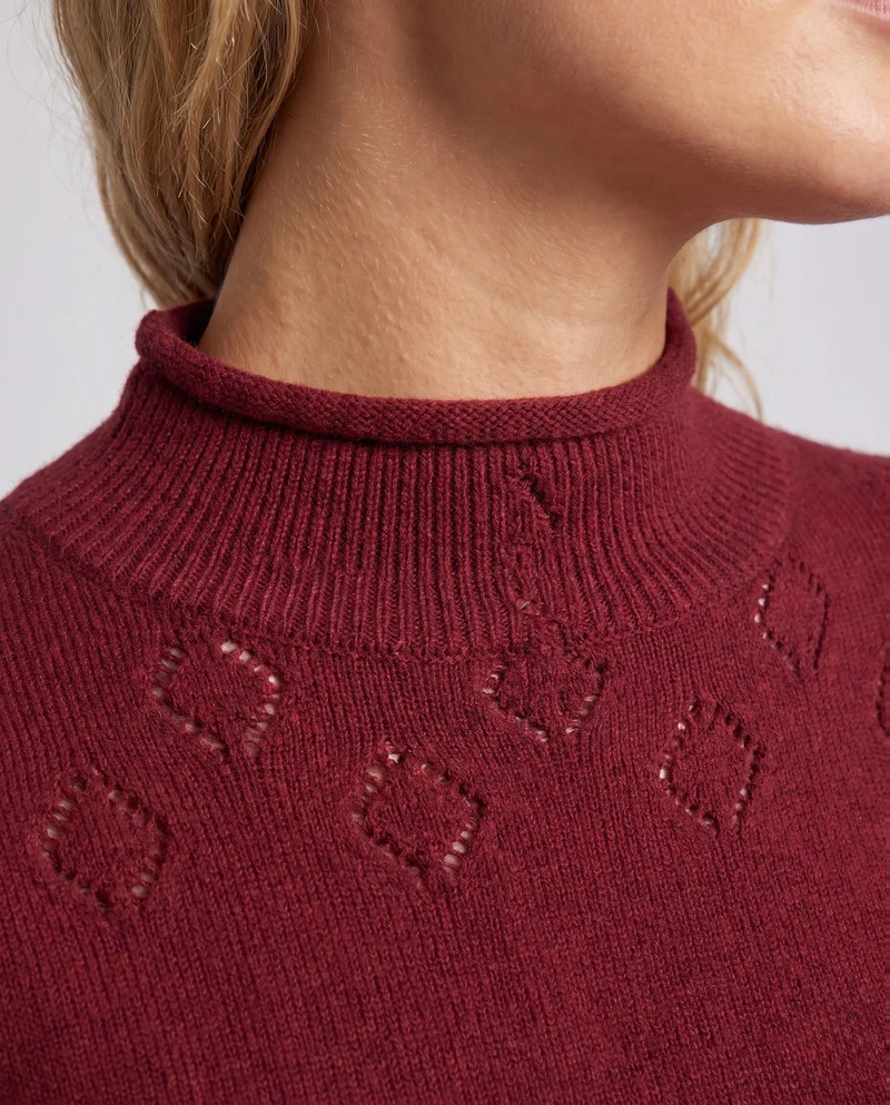 Damen Feinstrickpullover mit kurzem Stehkragen, feinem Ajourmuster und kastiger Passform Nord Taschen