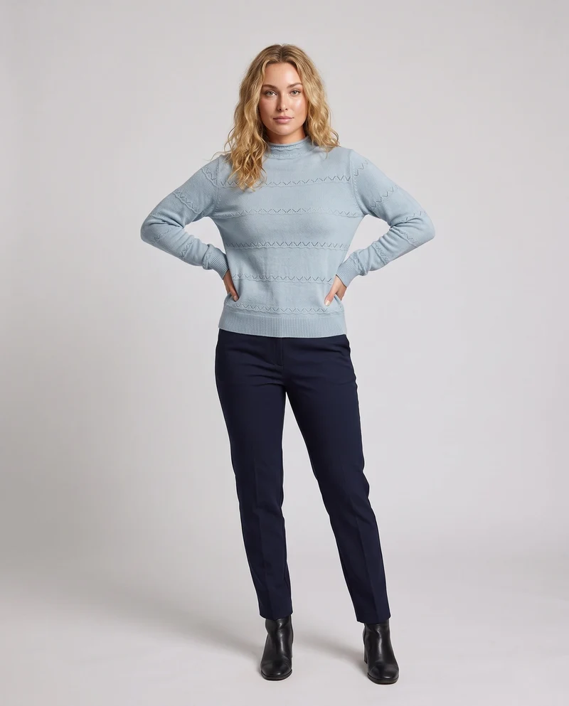 Damen Feinstrickpullover mit kurzem Stehkragen und Zier‑Ajourmuster Nord Taschen