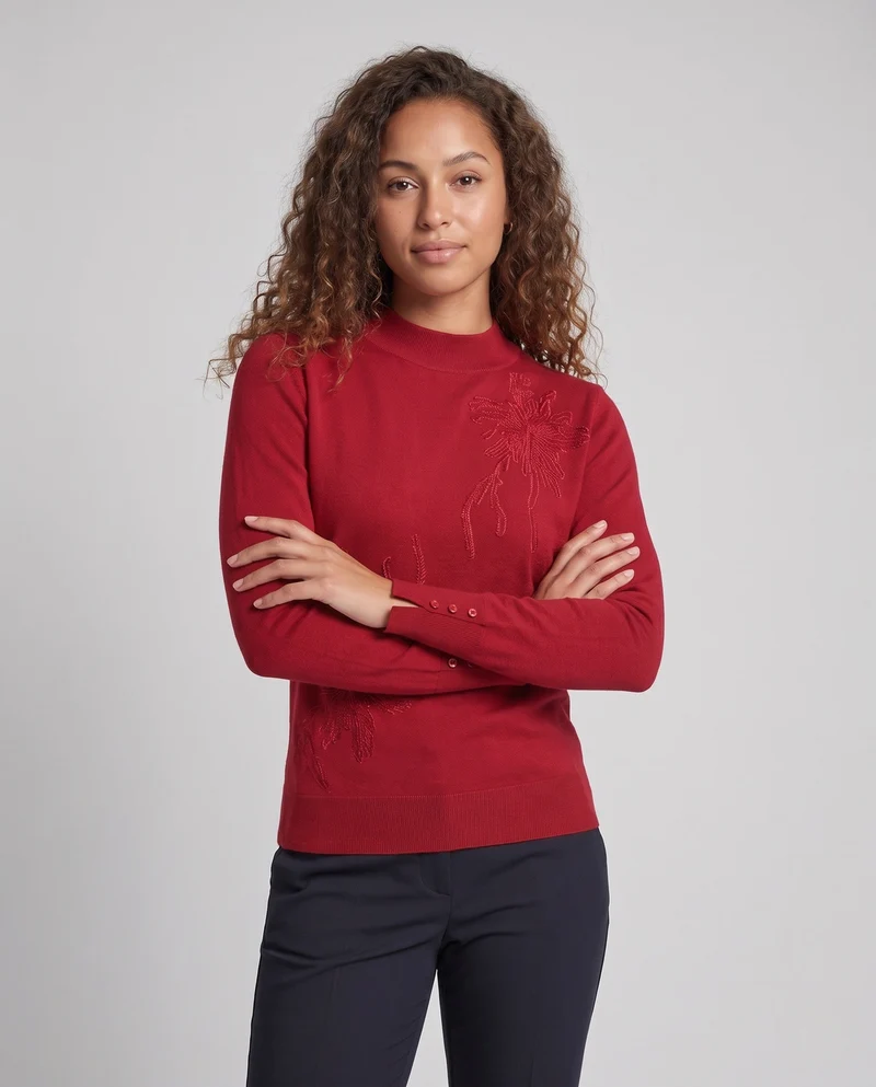 Damen Feiner Mockneck-Pullover mit floraler Ajour‑Stickerei und Perlenknopf‑Manschette Nord Taschen