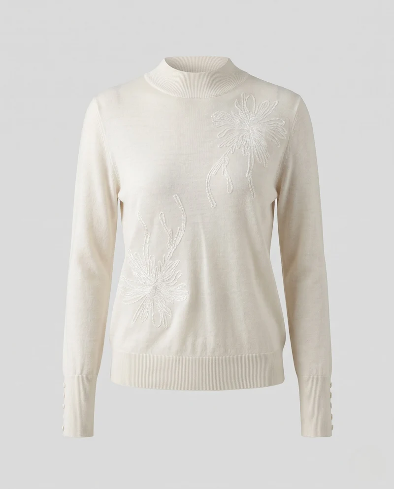 Damen Feiner Mockneck-Pullover mit floraler Ajour‑Stickerei und Perlenknopf‑Manschette Nord Taschen