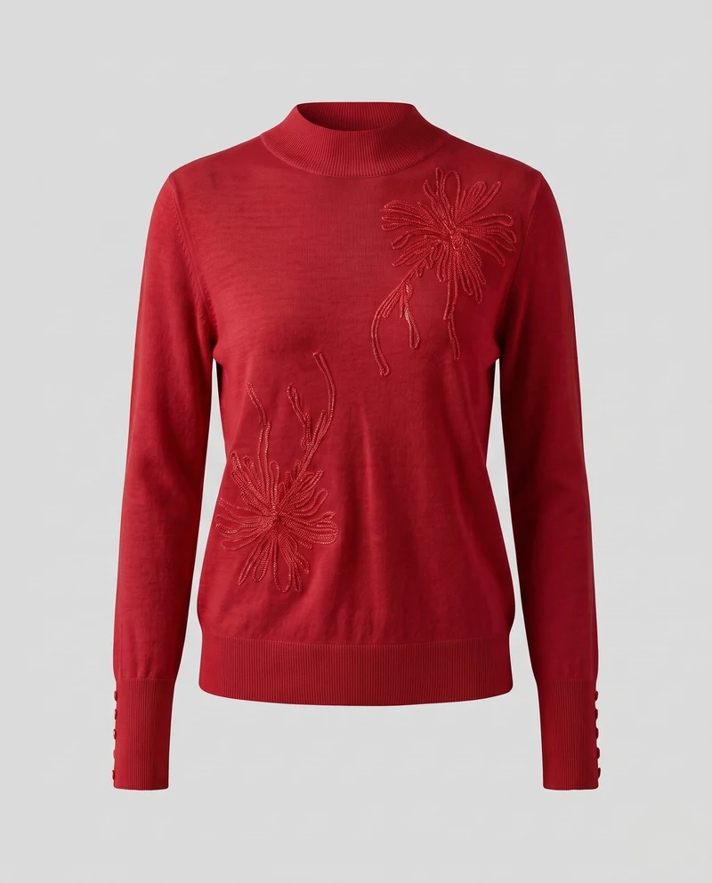 Damen Feiner Mockneck-Pullover mit floraler Ajour‑Stickerei und Perlenknopf‑Manschette Nord Taschen