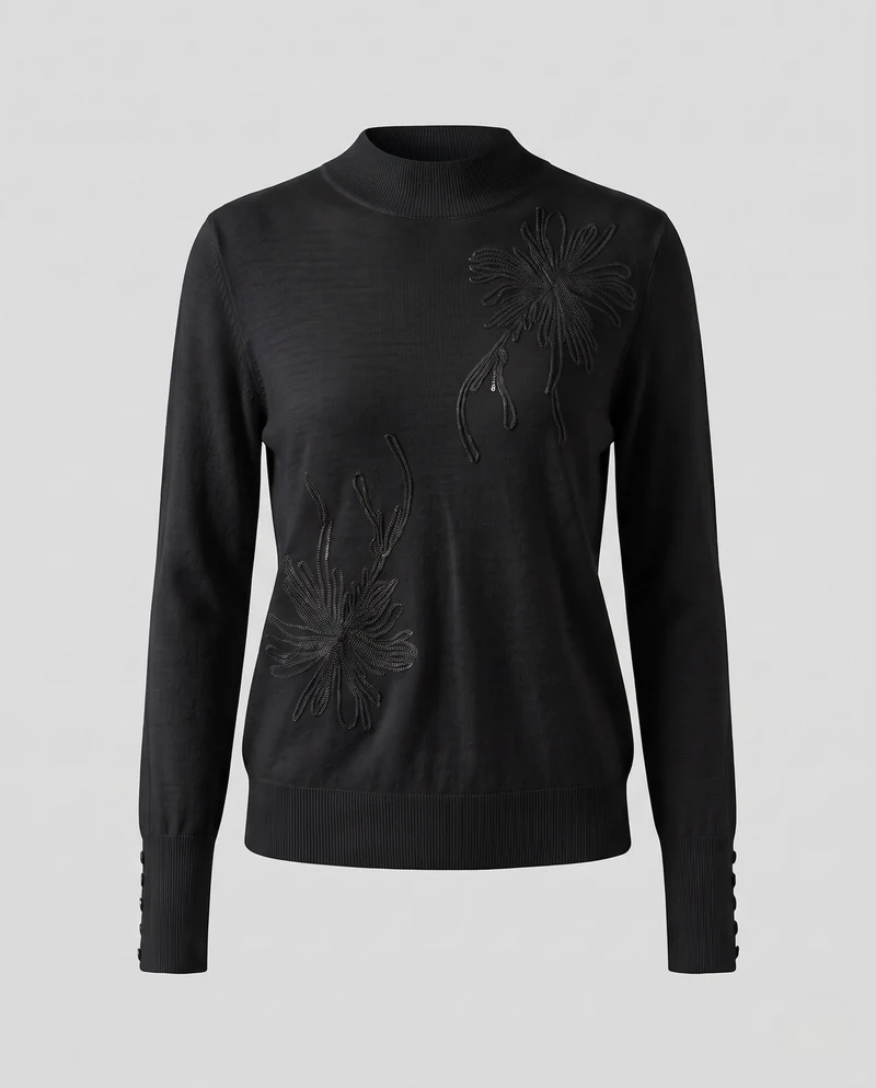 Damen Feiner Mockneck-Pullover mit floraler Ajour‑Stickerei und Perlenknopf‑Manschette Nord Taschen