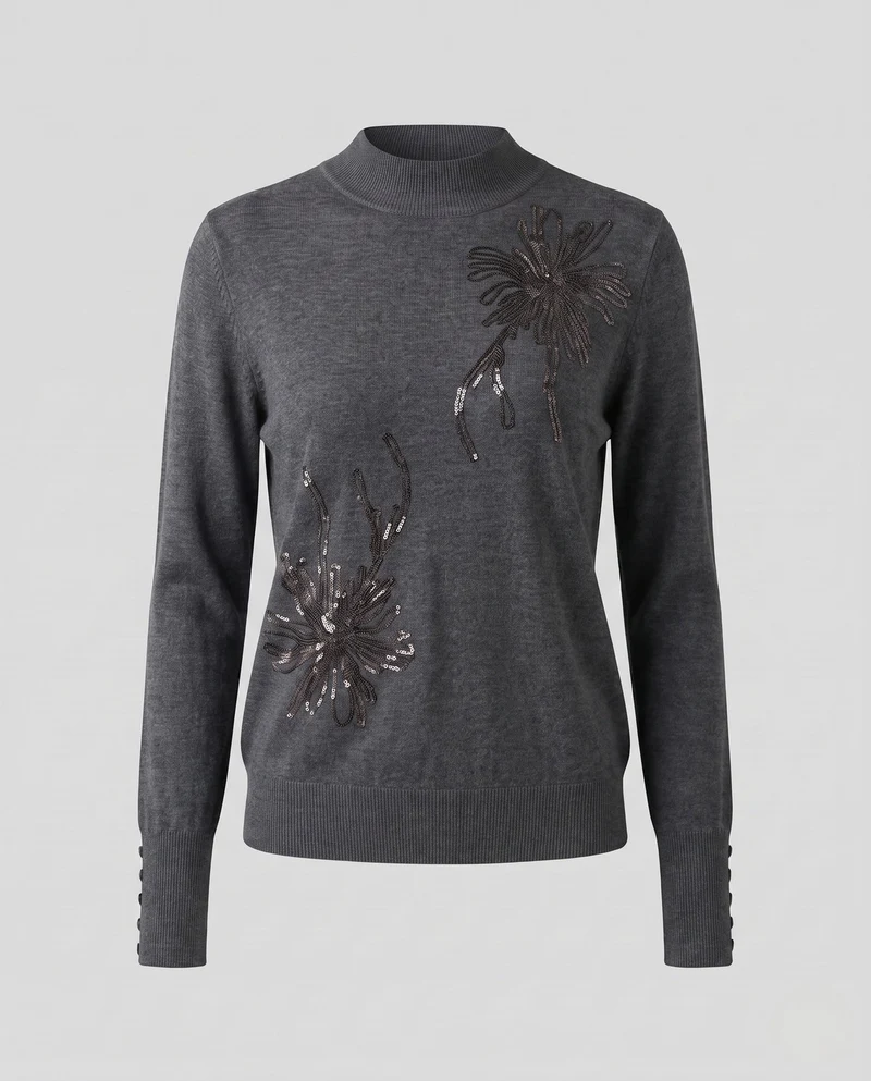 Damen Feiner Mockneck-Pullover mit floraler Ajour‑Stickerei und Perlenknopf‑Manschette Nord Taschen