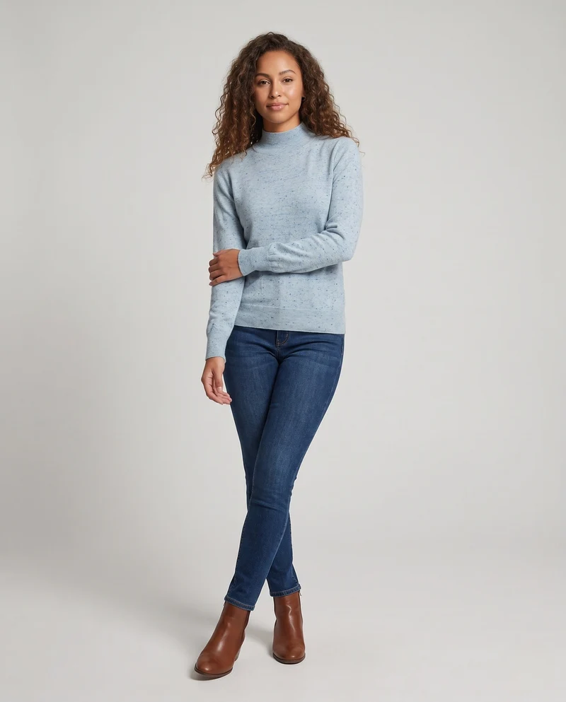 Damen Feiner Mélange-Mockneck-Pullover mit Ballonärmeln und feiner Struktur Nord Taschen