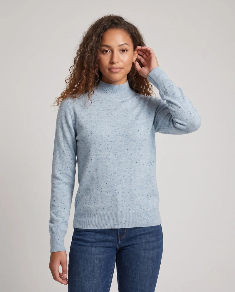 Damen Feiner Mélange-Mockneck-Pullover mit Ballonärmeln und feiner Struktur Nord Taschen
