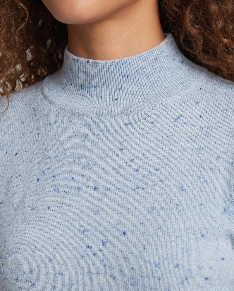 Damen Feiner Mélange-Mockneck-Pullover mit Ballonärmeln und feiner Struktur Nord Taschen
