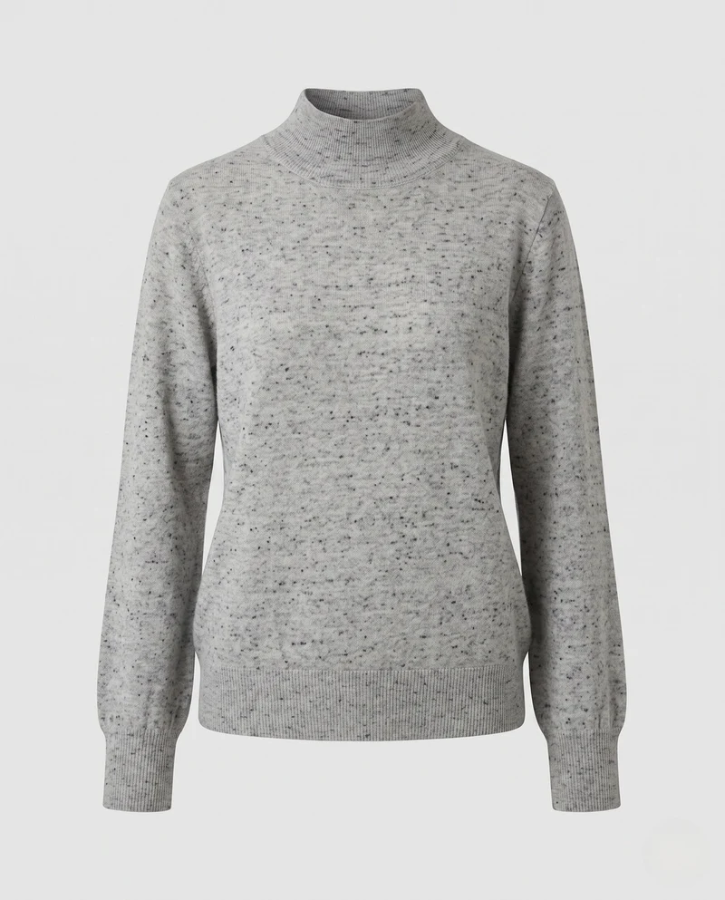 Damen Feiner Mélange-Mockneck-Pullover mit Ballonärmeln und feiner Struktur Nord Taschen