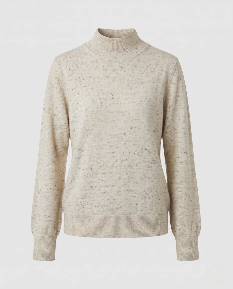 Damen Feiner Mélange-Mockneck-Pullover mit Ballonärmeln und feiner Struktur Nord Taschen