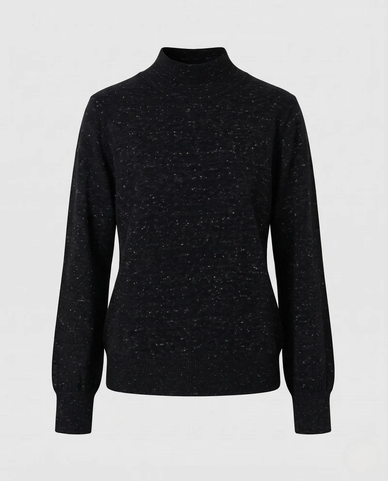 Damen Feiner Mélange-Mockneck-Pullover mit Ballonärmeln und feiner Struktur Nord Taschen