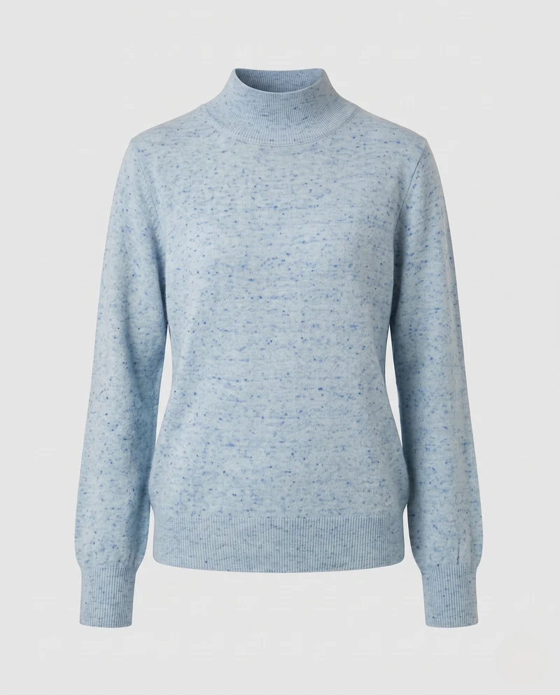 Damen Feiner Mélange-Mockneck-Pullover mit Ballonärmeln und feiner Struktur Nord Taschen