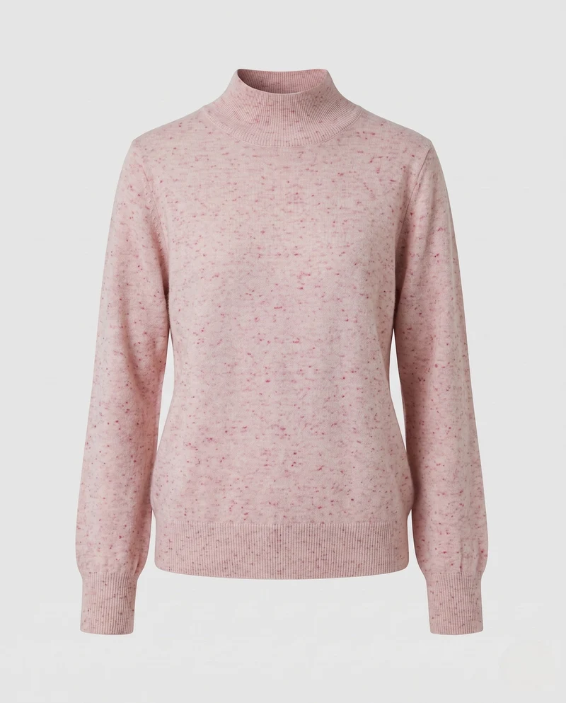 Damen Feiner Mélange-Mockneck-Pullover mit Ballonärmeln und feiner Struktur Nord Taschen