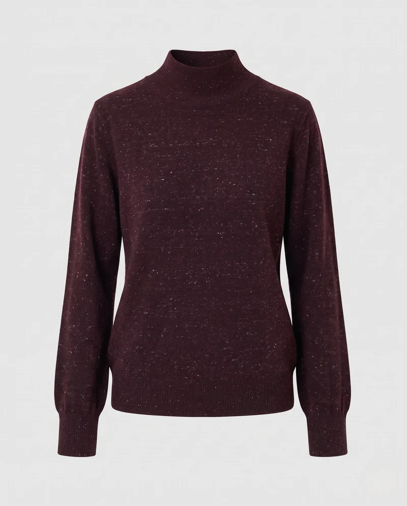 Damen Feiner Mélange-Mockneck-Pullover mit Ballonärmeln und feiner Struktur Nord Taschen