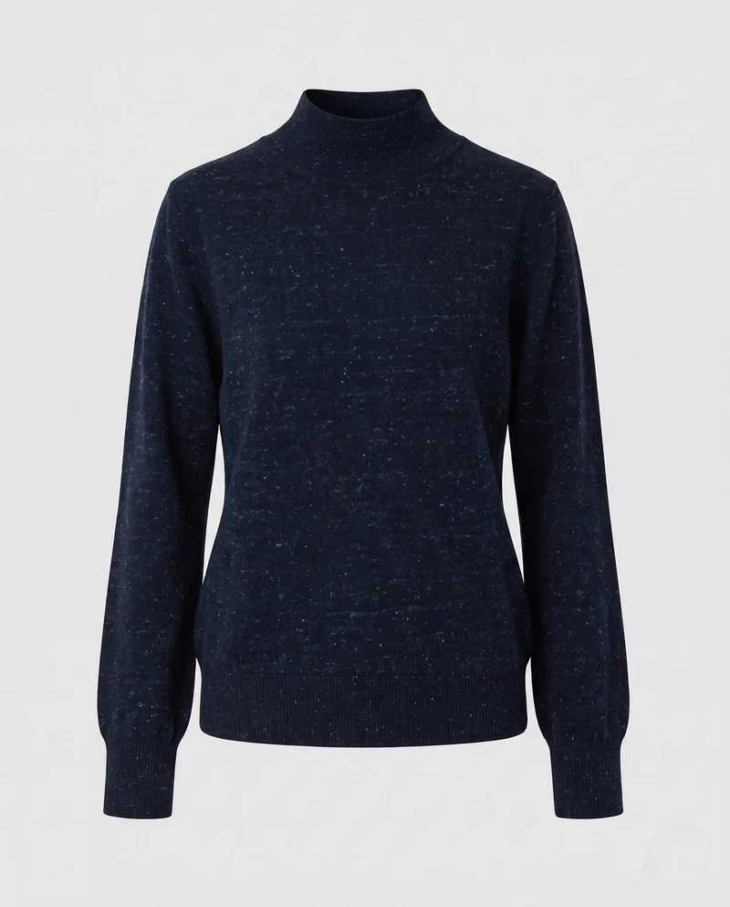 Damen Feiner Mélange-Mockneck-Pullover mit Ballonärmeln und feiner Struktur Nord Taschen