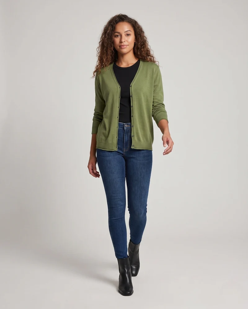 Damen Feiner leichter Knopfcardigan mit V‑Ausschnitt und transparentem Feinstrick Nord Taschen