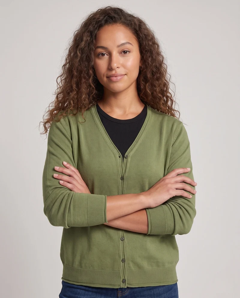 Damen Feiner leichter Knopfcardigan mit V‑Ausschnitt und transparentem Feinstrick Nord Taschen