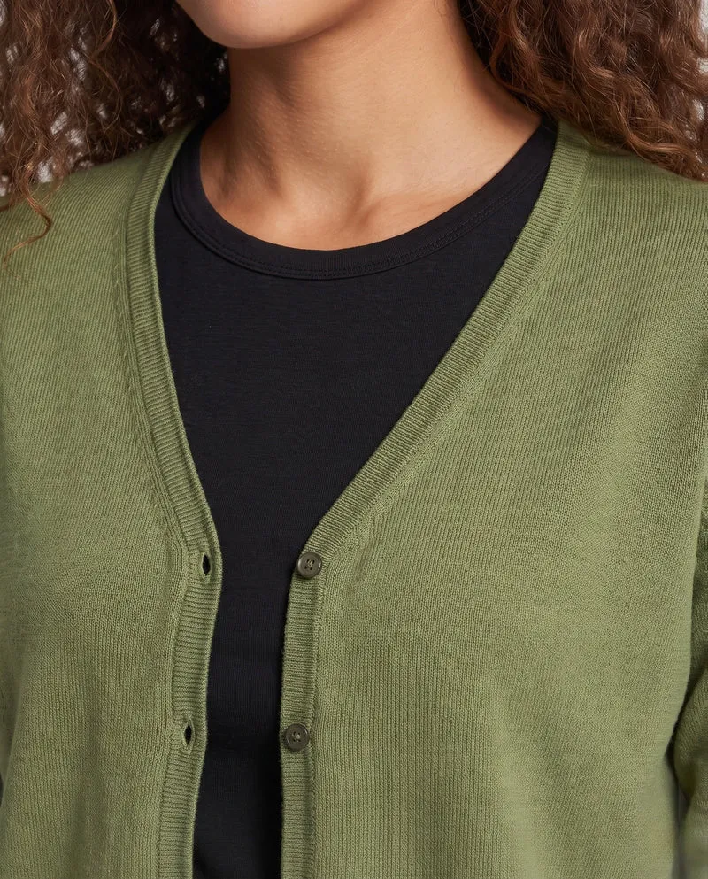 Damen Feiner leichter Knopfcardigan mit V‑Ausschnitt und transparentem Feinstrick Nord Taschen