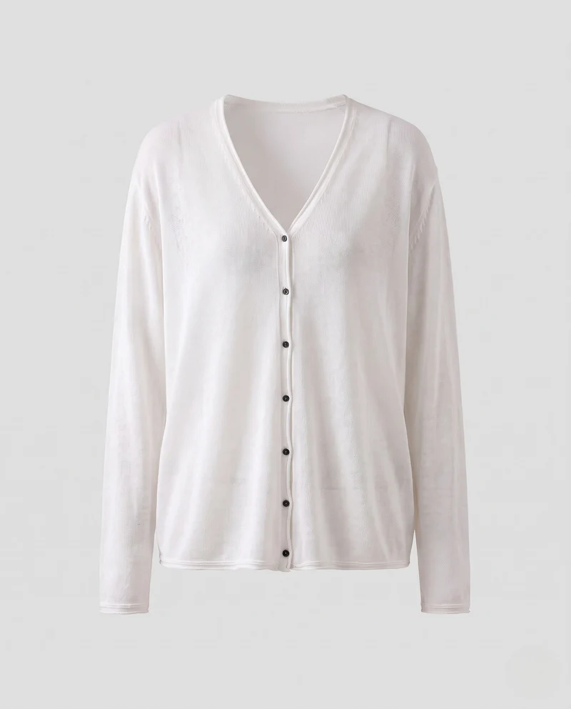 Damen Feiner leichter Knopfcardigan mit V‑Ausschnitt und transparentem Feinstrick Nord Taschen