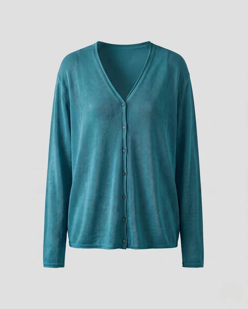 Damen Feiner leichter Knopfcardigan mit V‑Ausschnitt und transparentem Feinstrick Nord Taschen