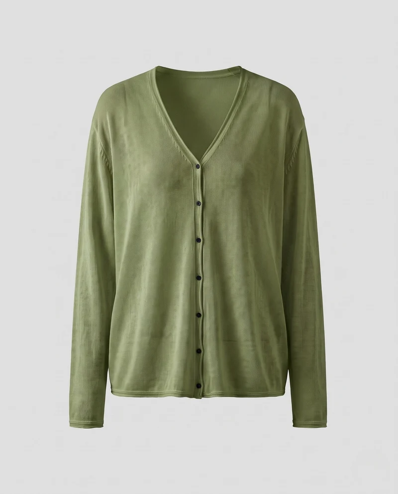 Damen Feiner leichter Knopfcardigan mit V‑Ausschnitt und transparentem Feinstrick Nord Taschen