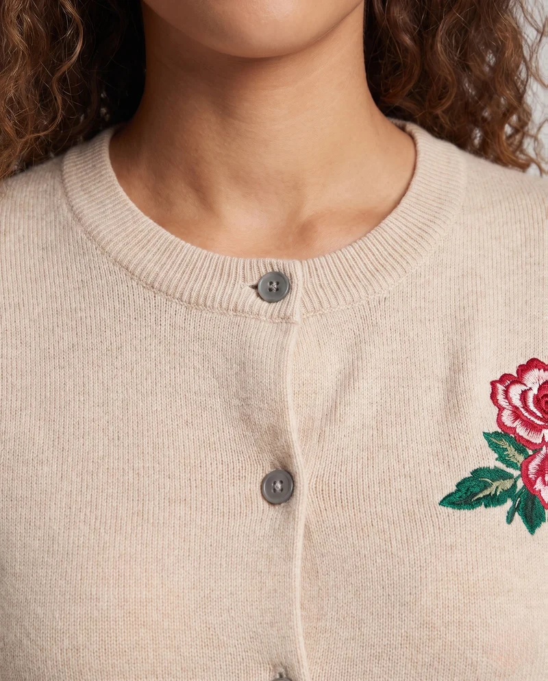 Damen Feiner Knopfcardigan mit zarter Rosenstickerei und Rundhalsausschnitt Nord Taschen