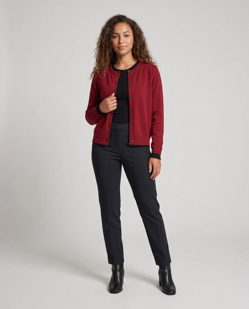 Damen Feiner Knopf-Cardigan mit Rundhals, Kontrast-Rippbündchen und kastiger Silhouette Nord Taschen