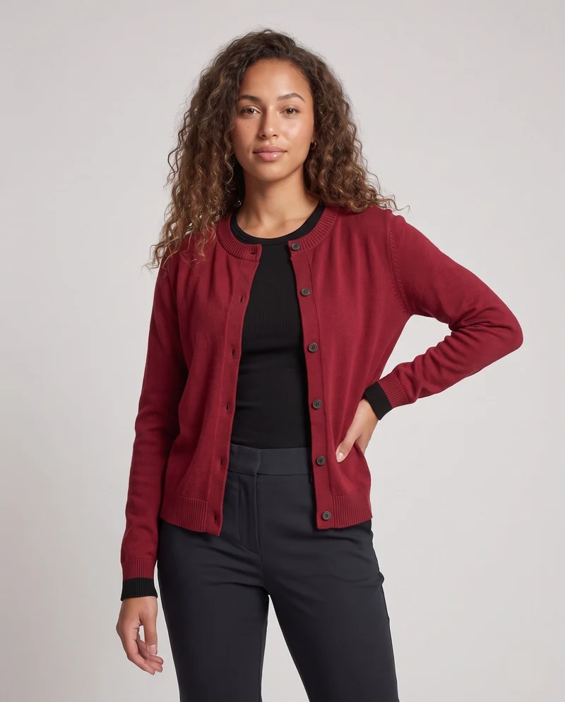 Damen Feiner Knopf-Cardigan mit Rundhals, Kontrast-Rippbündchen und kastiger Silhouette Nord Taschen