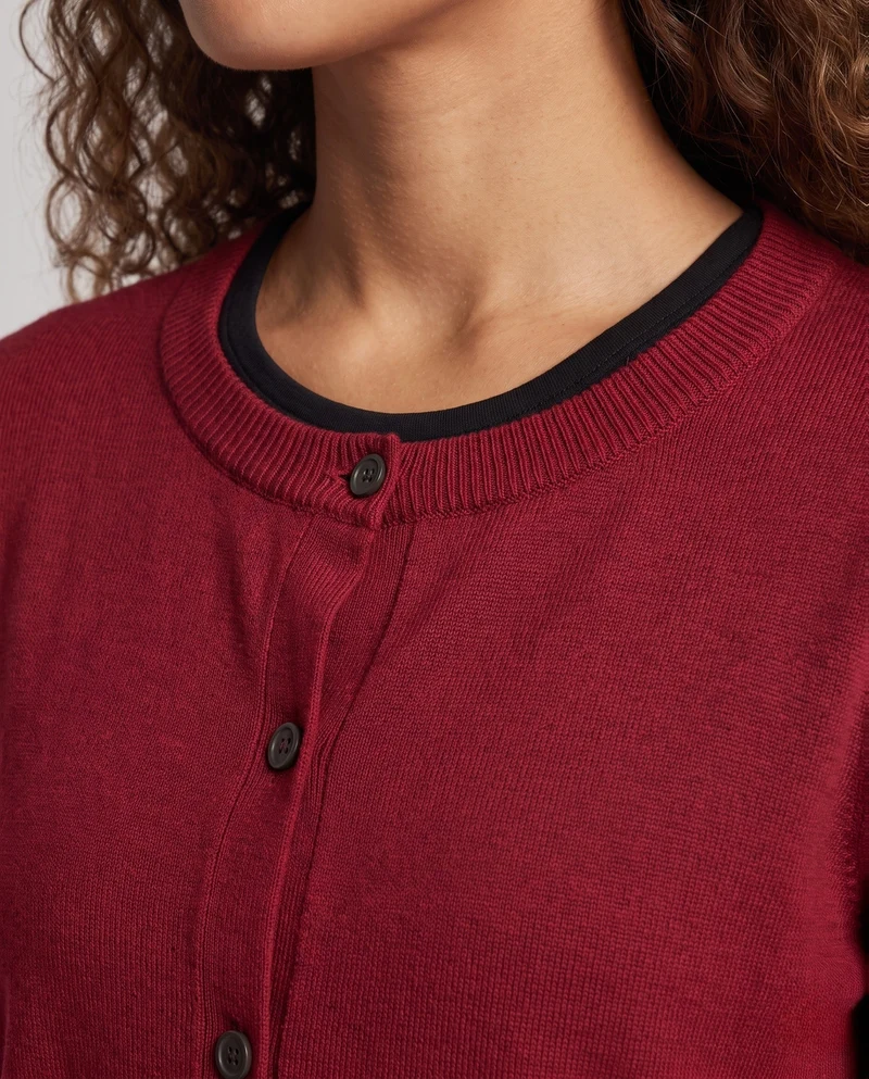 Damen Feiner Knopf-Cardigan mit Rundhals, Kontrast-Rippbündchen und kastiger Silhouette Nord Taschen
