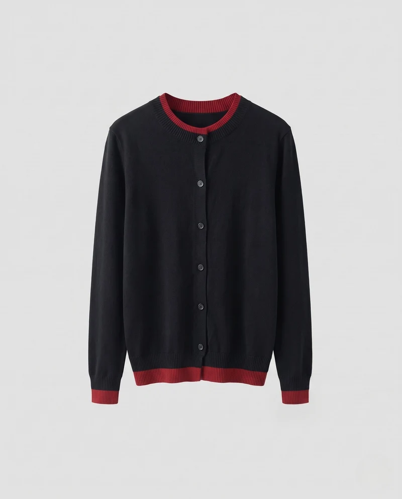 Damen Feiner Knopf-Cardigan mit Rundhals, Kontrast-Rippbündchen und kastiger Silhouette Nord Taschen