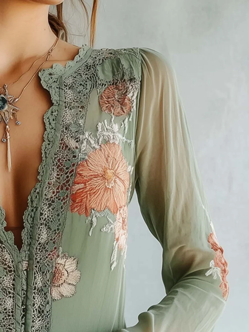 Boho Bluse Mit Spitze Und Blumenmuster