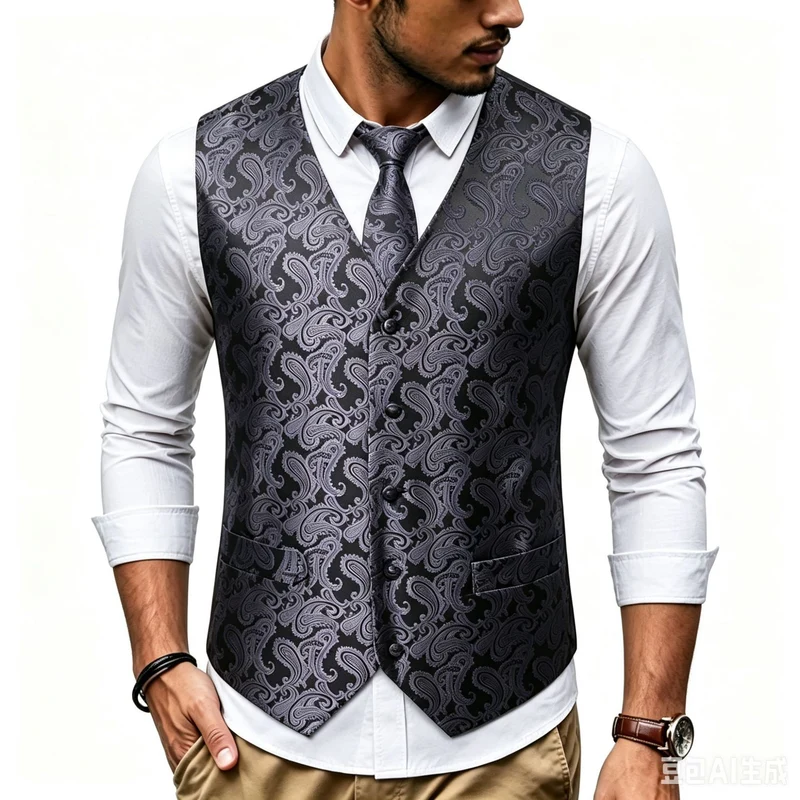 Herren Satin-Jacquard-Weste mit Paisley-Muster und passender Krawatte Nord Taschen