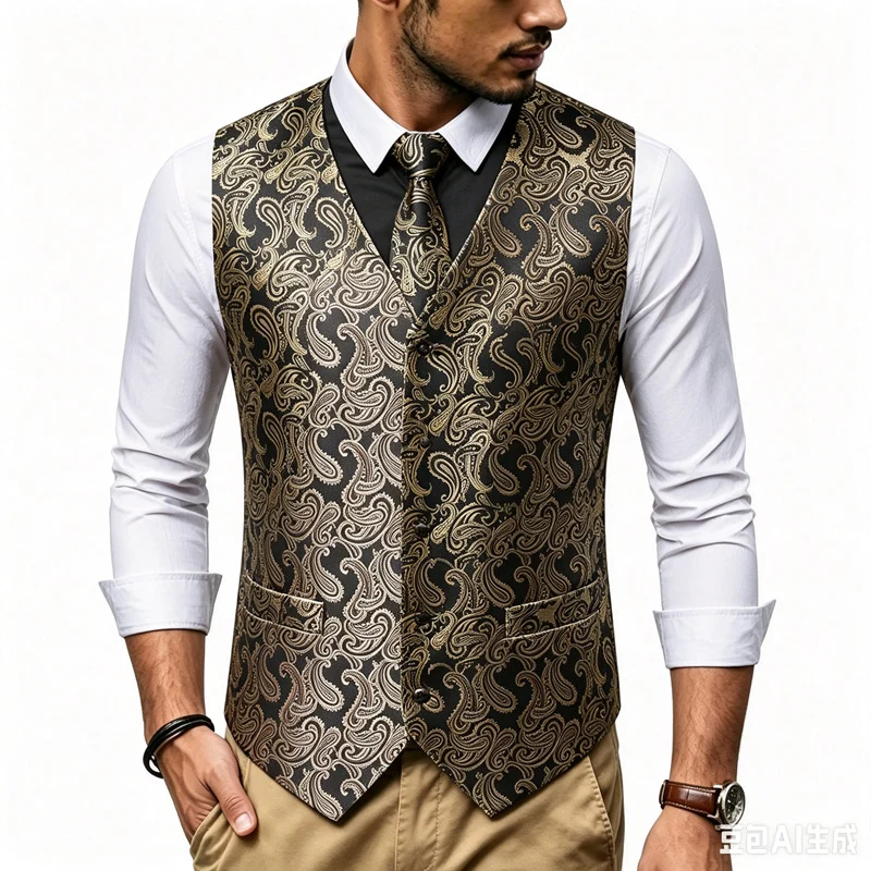 Herren Satin-Jacquard-Weste mit Paisley-Muster und passender Krawatte Nord Taschen
