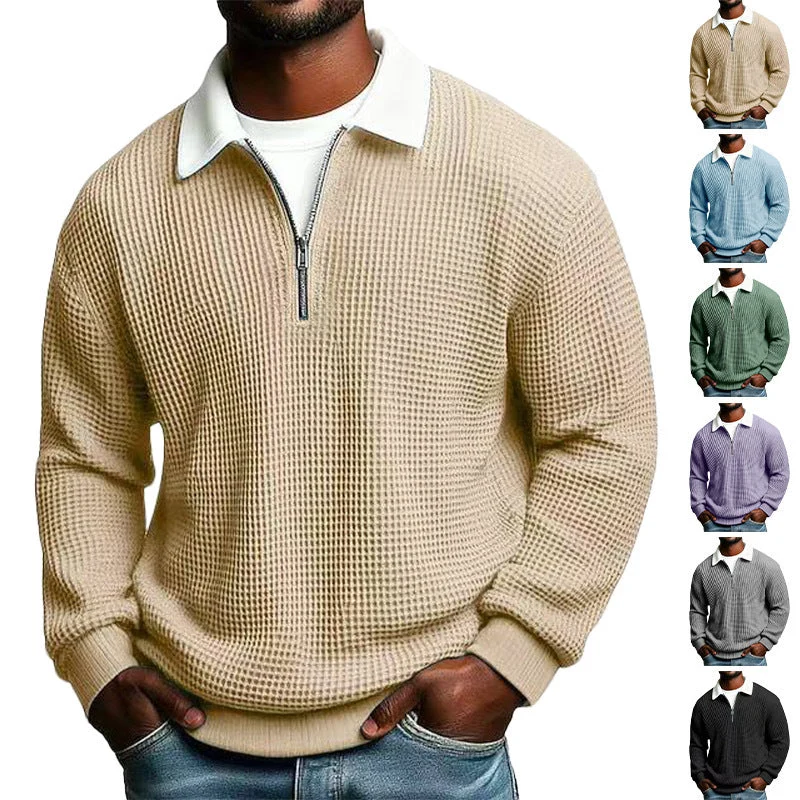 Herren strukturierter Waffelstrick-Pullover mit Polokragen und kurzem Reißverschluss