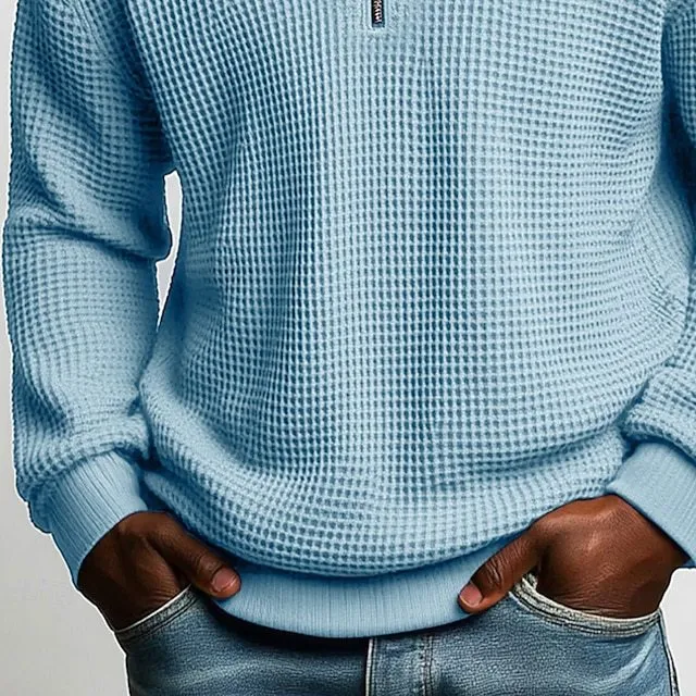 Herren strukturierter Waffelstrick-Pullover mit Polokragen und kurzem Reißverschluss