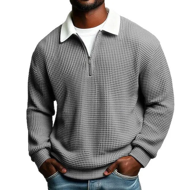 Herren strukturierter Waffelstrick-Pullover mit Polokragen und kurzem Reißverschluss