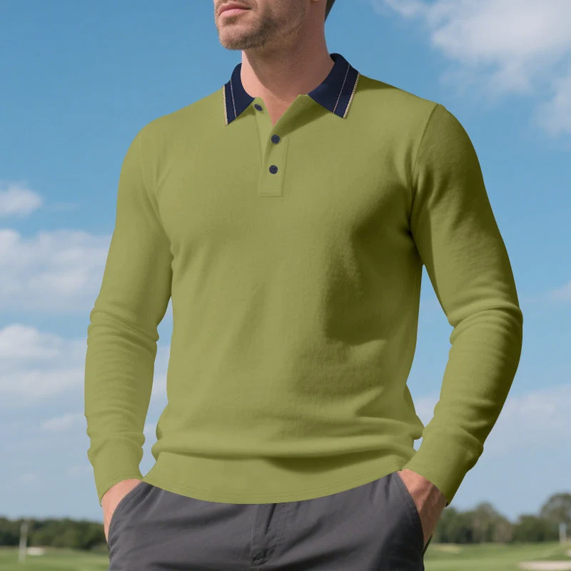 Herren elegantes Langarm-Polohemd mit kontrastierendem Kragen und modischen Knopfdetails