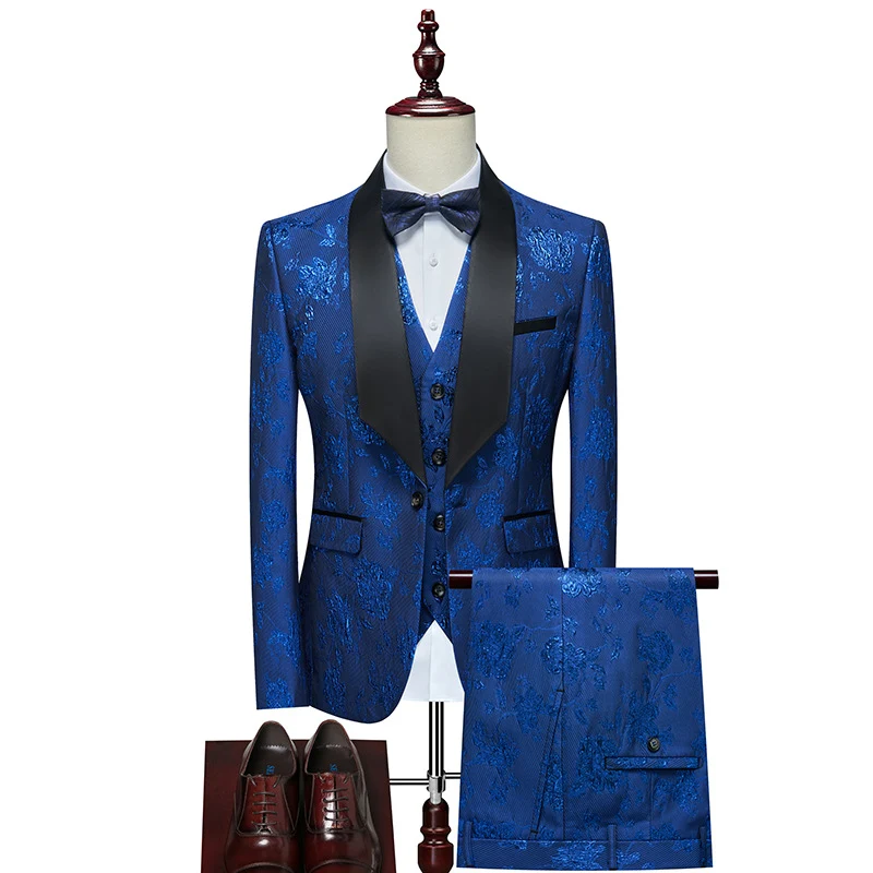 Herren Luxuriöses dreiteiliges Smoking-Set mit Schalrevers und Blumen-Jacquard Nord Taschen