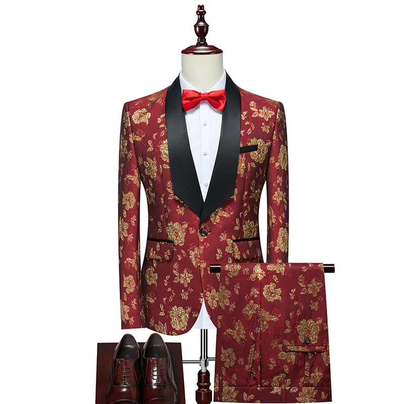 Herren Luxuriöses dreiteiliges Smoking-Set mit Schalrevers und Blumen-Jacquard Nord Taschen