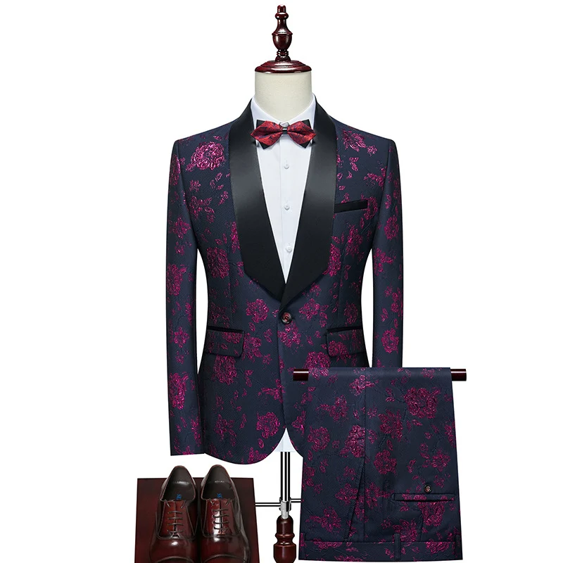 Herren Luxuriöses dreiteiliges Smoking-Set mit Schalrevers und Blumen-Jacquard Nord Taschen
