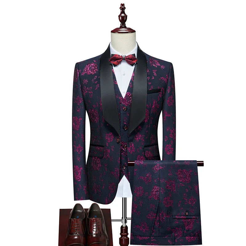 Herren Luxuriöses dreiteiliges Smoking-Set mit Schalrevers und Blumen-Jacquard Nord Taschen
