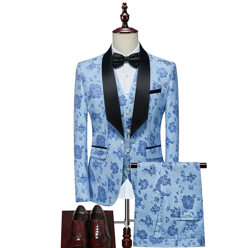 Herren Luxuriöses dreiteiliges Smoking-Set mit Schalrevers und Blumen-Jacquard Nord Taschen