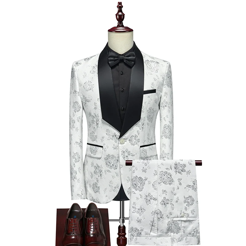 Herren Luxuriöses dreiteiliges Smoking-Set mit Schalrevers und Blumen-Jacquard Nord Taschen