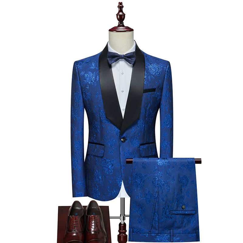 Herren Luxuriöses dreiteiliges Smoking-Set mit Schalrevers und Blumen-Jacquard Nord Taschen